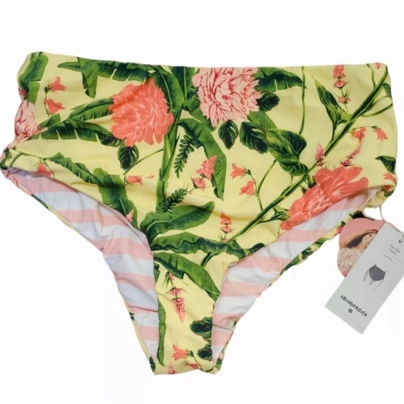 Aqua Bendita Floral/Stripe Reversible High Waist Cheeky Bikini Bottom 2X - Picture 6 of 10